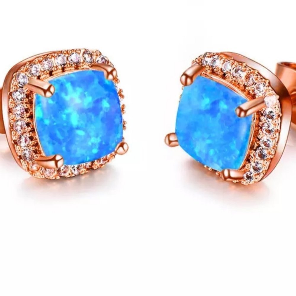 *18K Rose Gold Blue Opal Diamond Halo Earrings - Picture 6 of 6